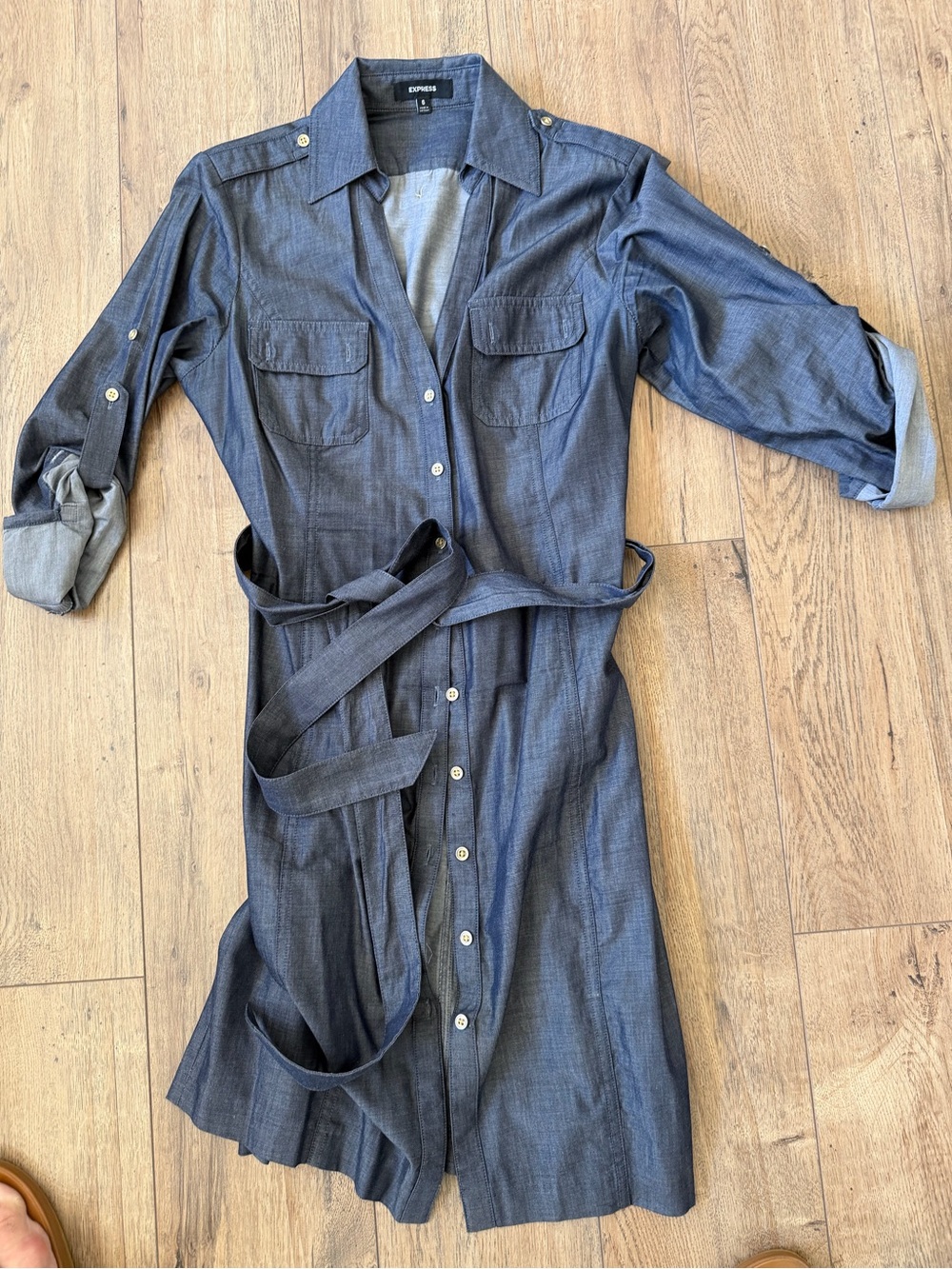 Express Chambray Shirt Dress with Tie Belt - Denim Blue